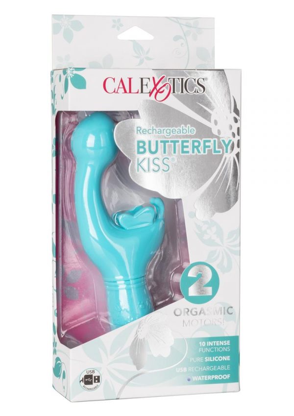 Rechargeable Butterfly Kiss USB Rechargeable Silicone Vibrator With Clitoral Stimulator Waterproof Blue 7.5 Inches