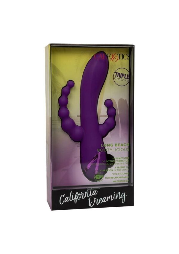 California Dreaming Long Beach Bootylicious Rechargeable Silicone Dual Penetrating Rabbit Vibrator - Purple