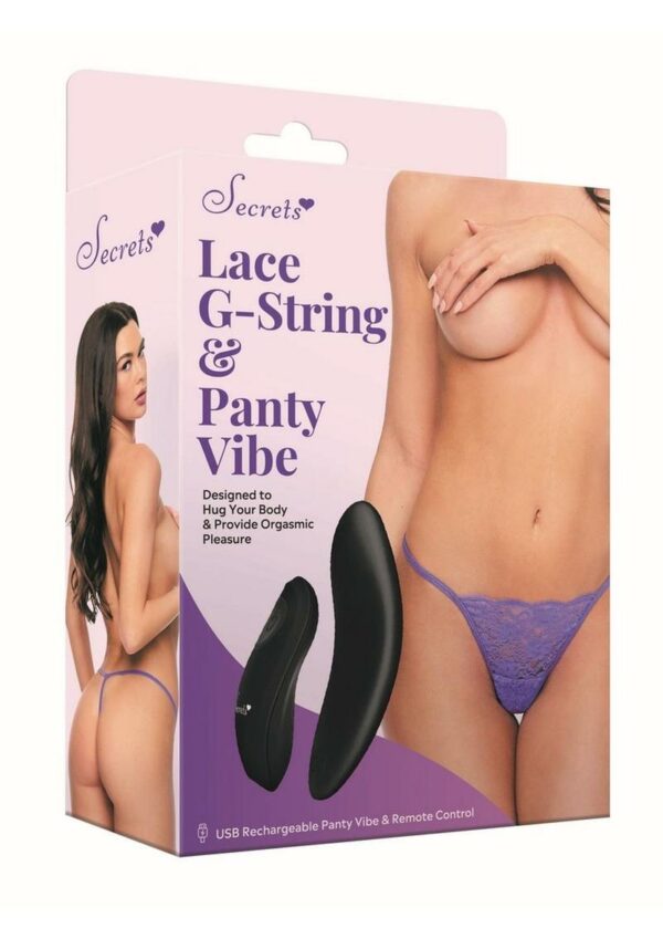 Secrets Rechargeable Silicone Lace G-String and Panty Vibe - OS - Purple